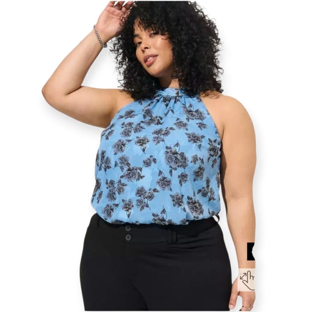 5X 28W Blue Torrid Clip Rose Halter Mock Neck Clip Chiffon Sheer 90s 2000s Pluss